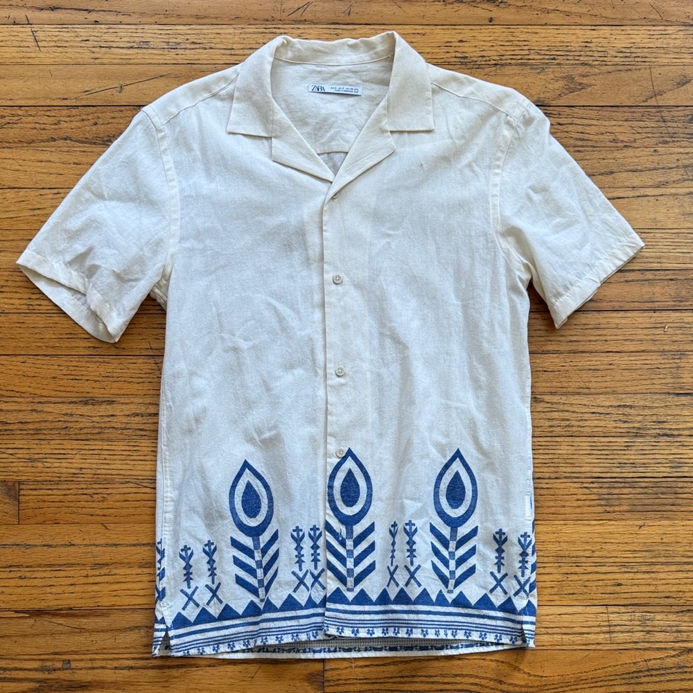 Zara Cream Shirt with Blue Tribal Design
